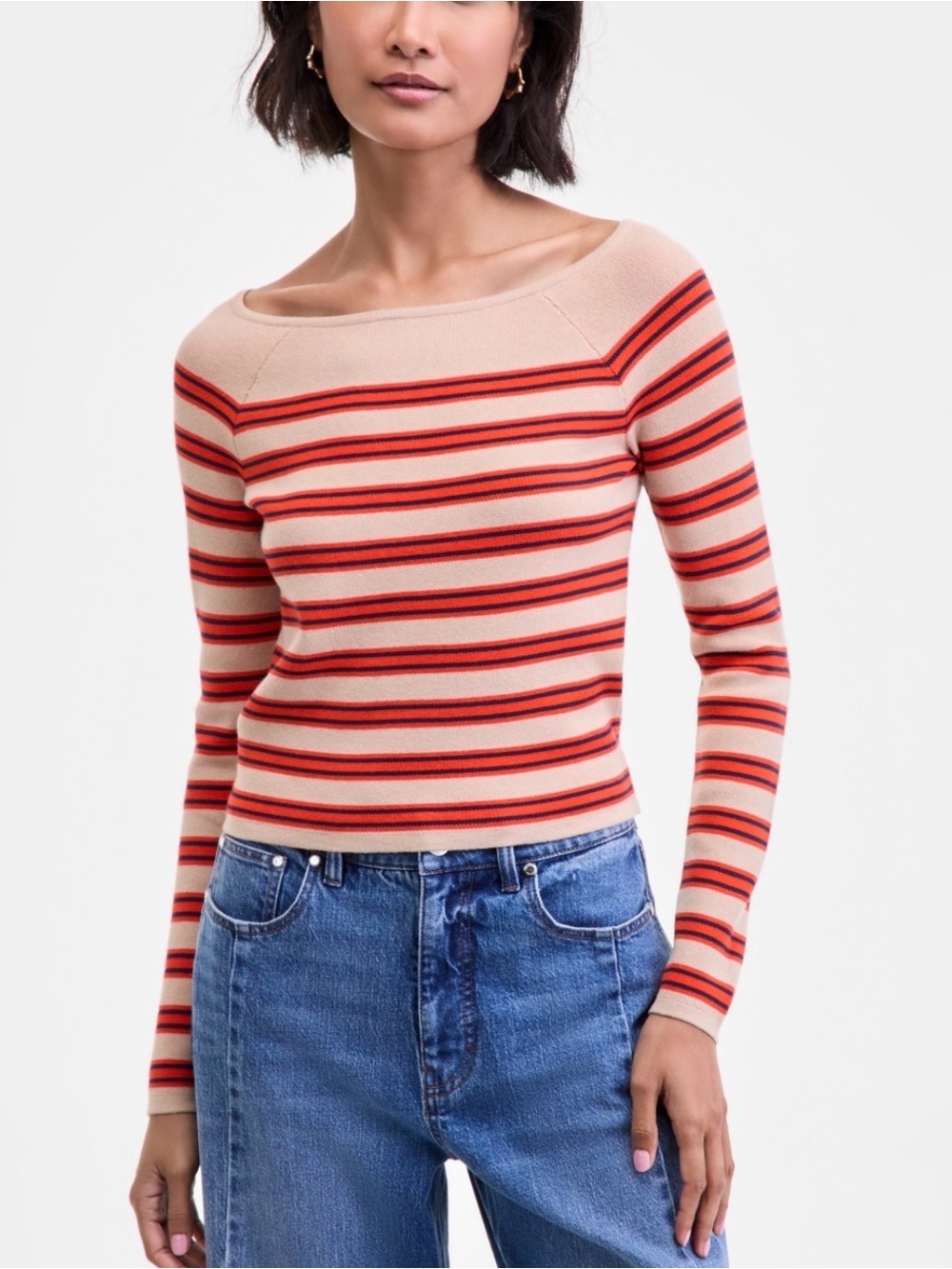 Off-the-Shoulder Striped Sweater in Blush and Red